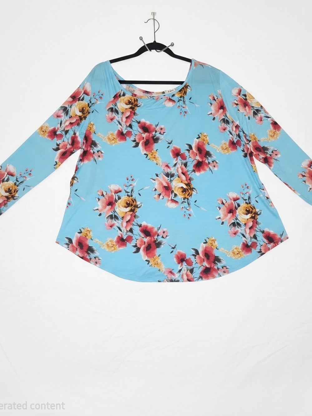 Blue Floral Long-Sleeve Scoop Neck, Slight Off The Shoulder Top, Size 2X